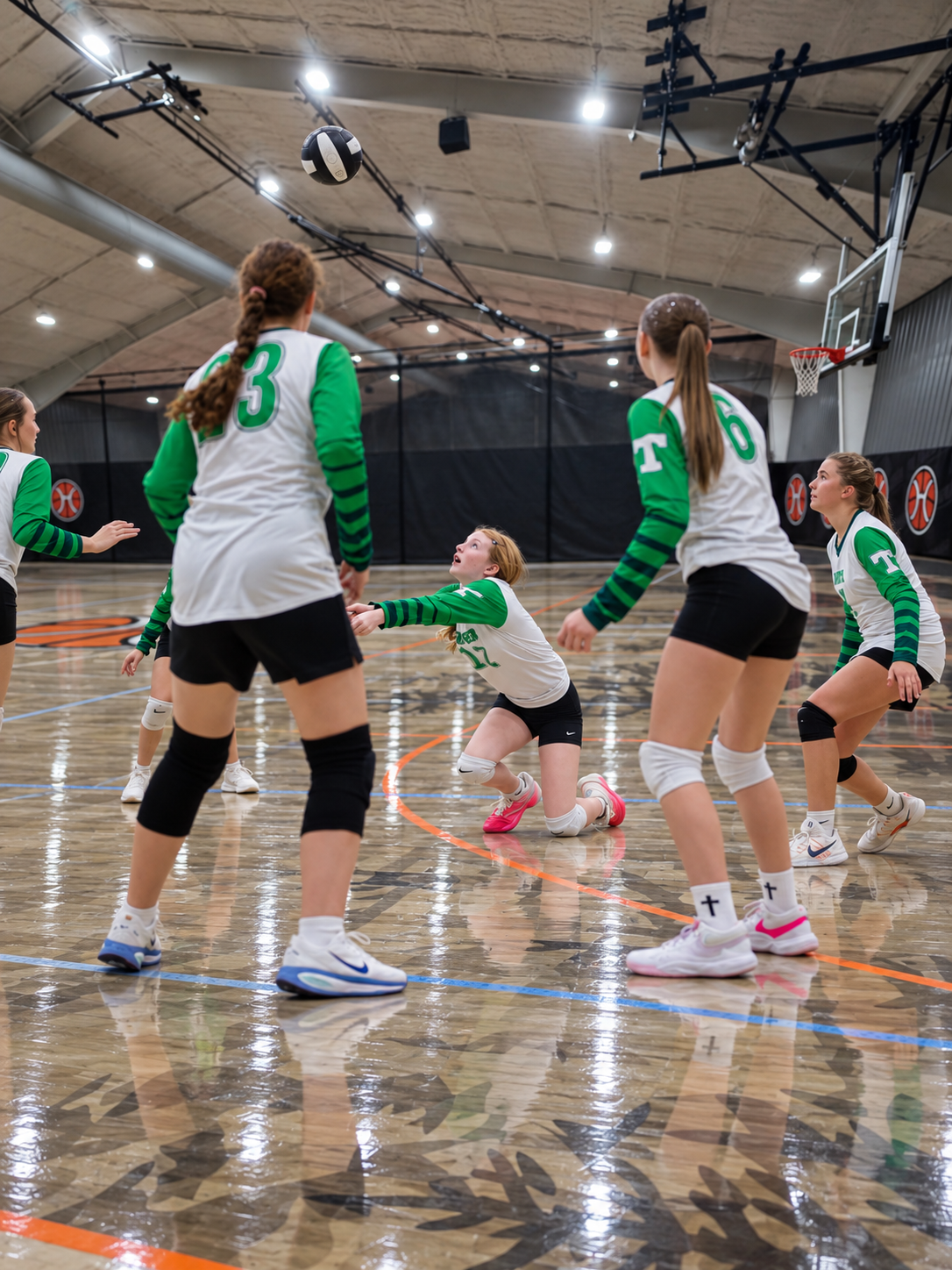 Youth volleyball players competing at The Hardwoods